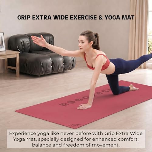 Image of GRIP Yoga Mat | Exercise Mat | 36 x 75 Inches | 12mm Thick | 7 Chakras Design Yoga Mat with Yoga Strap for Men & Women | Extra Thick, Long & Wide Non-Slip, Anti-Tear Exercise Mat for Home, Gym, Workout, Fitness, Yoga & Pilates Cherry Color
