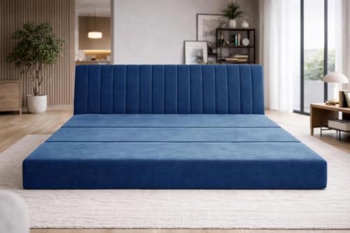 Image of 3-Seater Foldable Floor Sofa Bed with Adjustable Backrest, Modern Velvet Fabric Folding Couch for Living Room, Guest Room & Small Spaces-Blue