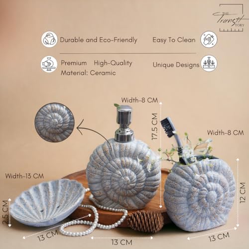 Image of Premium Ceramic Bathroom Accessories Set of 3 | Shell Hand-Painted Luxury Bath Set with 300ml Liquid Soap Dispenser, Toothbrush Holder & Soap Tray (Grey & Beige with Spiral Shell)
