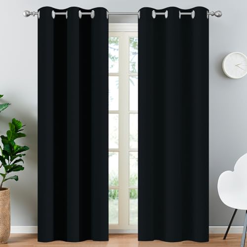 Yakamok Blackout Curtains Room Darkening Thermal Insulated Window Panels,Solid Grommet Top Drapes for Bedroom/Living Room(38Wx90L, Black, 2 Panels)