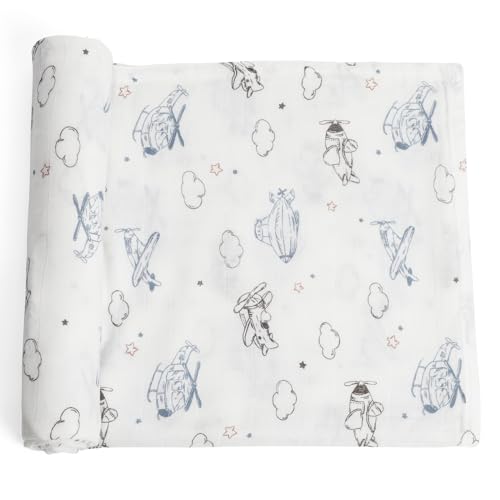 Image of Premium Soft Muslin Cotton Muslin Swaddle Blanket, Silky Baby Receiving Wrap for Newborns Unisex Design, Ideal for Boys and Girls 47x47 Inches (120x120cm) - Large and Comfortable (Airplane & Cloud)