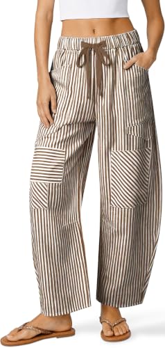 Image of TARSE Womens Striped Linen Barrel Pants with Pockets Y2k Patchwork