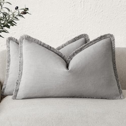 Image of Foindtower Set of 2 Decorative Linen Fringe Throw Pillow Covers Cozy Farmhouse Cushion Cover with Tassels Accent Pillowcase for Couch Bed Living Room Home Bedroom Decor,12x24 Inch,Light Rustic Gray