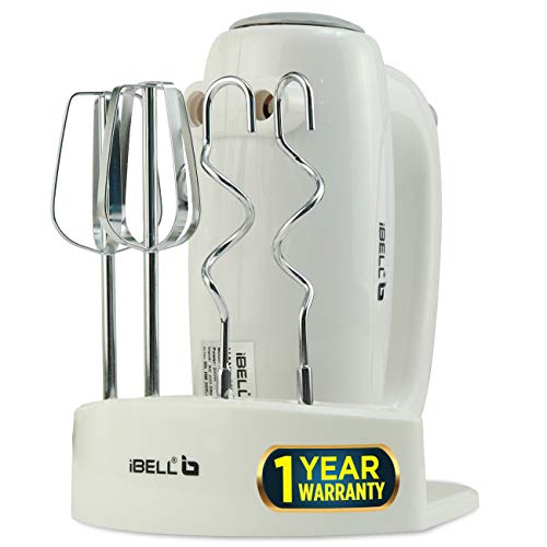 Image of iBELL Hand Mixer 300W, Beater /Blender /Electric Cream Maker for Cakes with Base, 5 Speed Control and 2 stainless Steel Beaters, 2 Dough Hooks (White)