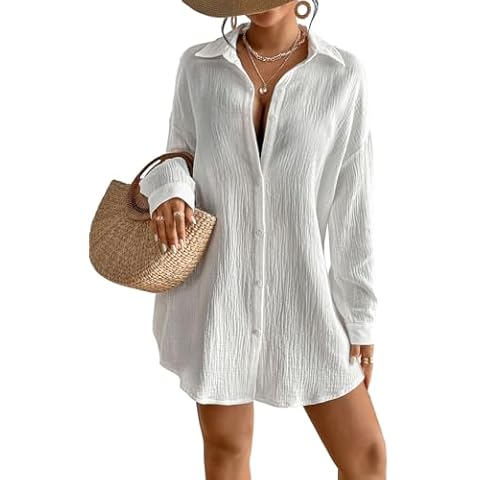 Eddoyee Womens Casual Button Down Shirts V-Neck Long Sleeve Bathing Suit Cover Up Plus Size Beach Shirt Blouses with Pockets Cover
