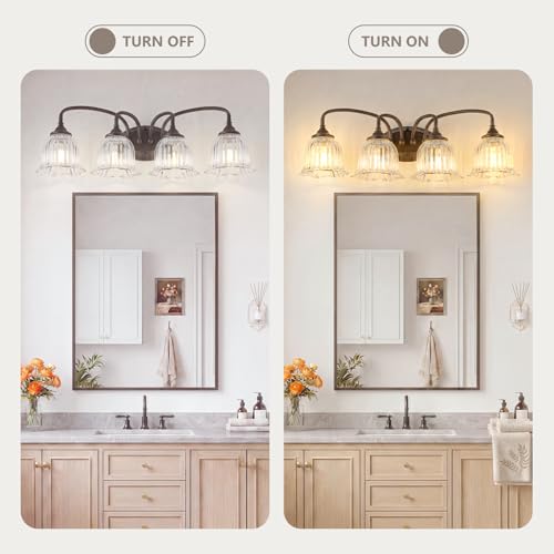 Image of Oil Rubbed Bronze 4-Light Bathroom Light Fixtures with Floral Glass Shade | Vintage Vanity Lights Wall Sconces Over Mirror for Bathroom Powder Room