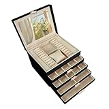 ADEL DREAM 5-stöckige Schmuckkästchen mit Kleeblatt-Knopf Schmuckaufbewahrung mit ausziehbarem Tablett Schmuck Organizer mit großem Spiegel,DIY verstellbare Fächer,für Mütter und Mädchen Schwarz
