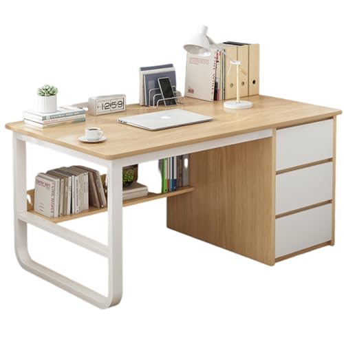 Escritorio gris multifuncional con 3 cajones y estante, amplia parte superior de madera, amplio almacenamiento, patas de acero resistentes, ideal para dormitorios, estudios y oficinas, 100 cm