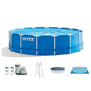 INTEX 28253EH Metal Frame Above Ground Swimming Pool Set 18ft x 48in–Includes 1500 GPH Cartridge Filter Pump–Removable Ladder–Pool Cover–Ground Cloth