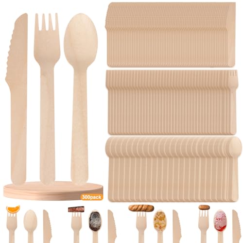 300 Stück Besteck aus Holz Set, Enthalten 100 Holzgabeln 100 Holzlöffel 100 Holzmesser, Eco Besteck Nachhaltig, Holzbesteck für Familienfeiern Party, Outdoor Dinner, wiederverwendbar Geschirr