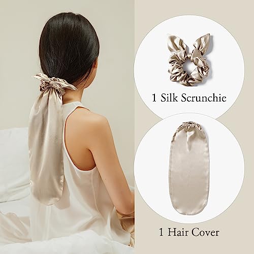 Image of LILYSILK 100% Silk Bonnet for Sleeping & Daily Usage, 2-in-1 Silk Hair Ties with Silk Scrunchies for Long and Curly Hair Elastic Adjustable for Women Ladies and Girls Bright Coffee