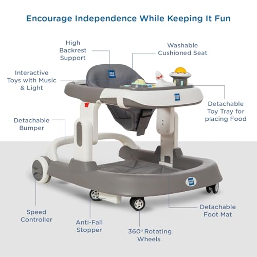 Image of Mee Mee 2-in-1Baby Walker | 3 Level Adjustable Height | Musical Detachable Toy Bar with Lights | Compact and Portable | Washable Cushioned Walker | Age 6-18 Months| 15kg | Grey