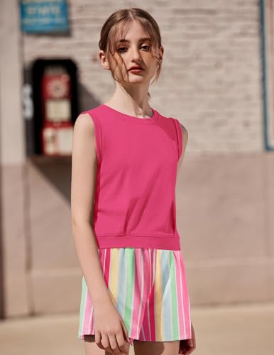 Image of Arshiner Girls 2 Piece Short Sets Sleeveless Tops and Shorts with Pockets | Round Neck Waist Elastic Sport Clothing Outfits Perfect for Spring Summer