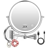 Amelar Kosmetikspiegel mit Beleuchtung, 2000mAh Wiederaufladbar 1X/20X Vergrößerungsspiegel Wandmontage mit Haken, 3 Farben Dimmbar, 360° Drehbar Schminkspiegel für Badezimmer