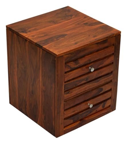 Image of Solid Sheesham Wood Bedside Table for Bedroom | Handmade Pure Wooden Bed Side Nightstand End Table with 2 Drawers Storage for Home & Bed Room | Rosewood, Dark Brown