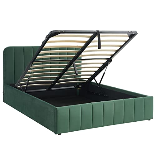 HOMIFAB Lit Coffre 140x190 cm en Velours Vert avec tête de lit + sommier relevable à Lattes - Collection Ava Cover