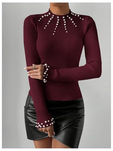 WDIRARA Women's Pearls Beaded Sweater Rib Knit Mock Neck Long Sleeve Tops Slim Fit Casual Pullovers2