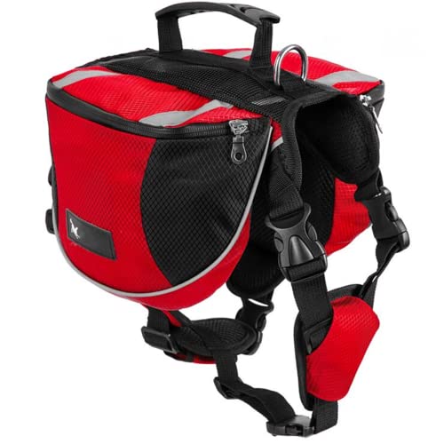 Satteltasche Hunderucksack für Mittlere Große Hunde, Packtaschen Rucksack für Reisen Wandern Training, Reflektierende Wasserdicht Verstellbare Kabelbaumweste mit Griff (rot, M (Hund 18 kg - 28 kg)