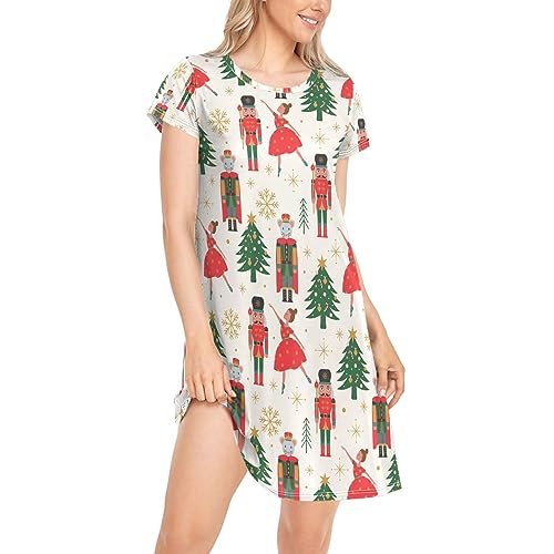 Naanle Womens Christmas Trees Nutcracker Ballerina Nightgown Short Sleeve PJ Sleepshirts House Dress