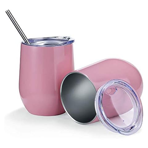 2 Pack 12 oz Wine Tumbler with Lids, Double Wall Vacuum Insulated Stainless Steel Stemless Wine Glass, Travel Coffee Mug Cup for Wine, Drinks, Champagne, Cocktails (Include Straws & Brush) (pink 01) Cover