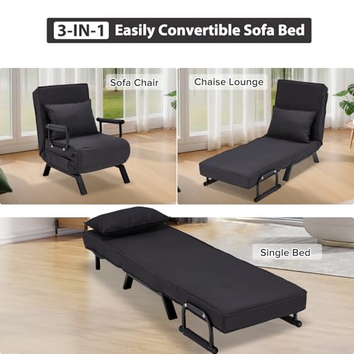 Haddockway Single Person Sofa Bed Sleeper Chair Convertible Chaise Lounge Couch,Folding Sofa Arm Chair with Pillow&5 Adjustable Backrest,Upholstered Lazy Bed Leisure Recliner for Home Office