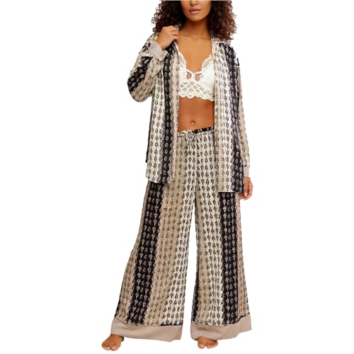 Image of Women Satin Pajama Set Floral Silk Pajamas 2 Piece Lounge Sets Button Down Shirts Wide Leg Pants Pjs Sleepwear