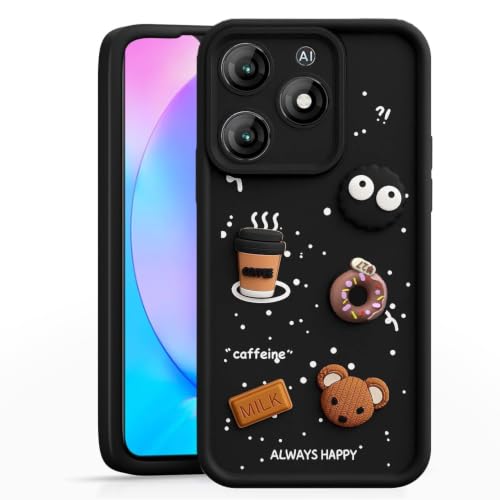 Image of Bintage Cute Fun Taddy Cartoon 3D Ball Bear Milk Donut Coffee Cup Silicon Case Full Body & Camera Protection Back Cover Compatible for itel A70 - Black