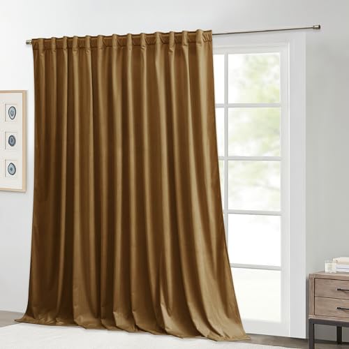 Image of Gold Brown Velvet Curtains 108 inches Long Fall Decor | Light Blocking Thermal Insulated Window Panels Privacy Protect Drapes for Living /Dining Room, W100 x L108, 1 Panel
