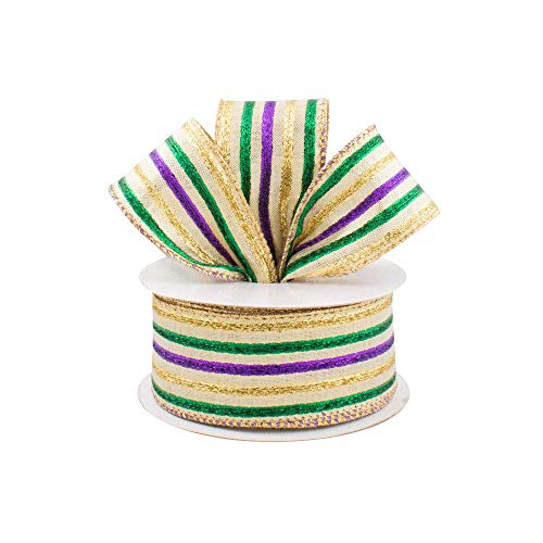 Image of Lame Striped Mardi Gras Ribbon - 2 1 /2 inch x 10 Yards, Wired Edges, Purple, Green and Gold Stripes, Easter, Fat Tuesday, Carnival, Christmas Decor, Spring, Holiday Garland, Gifts, Wrapping, Wreaths, Bows