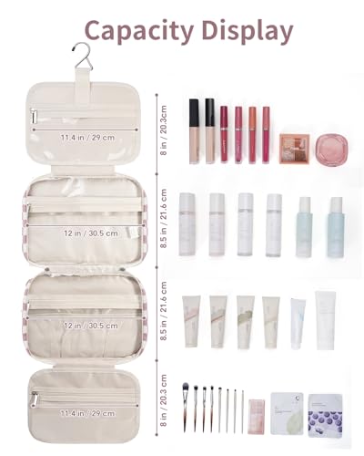 Image of Narwey Large Hanging Toiletry Bag Travel Makeup Bag Cosmetic Organizer for Women and Girls, Z-Dusty Rose Checkerboard, Large