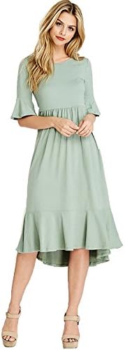 SHOPGLAMLA Floral Print Round Neck Hem Flared Short Sleeves Pocket Mid Dress Bell Sleeves - Solid - Sage XL