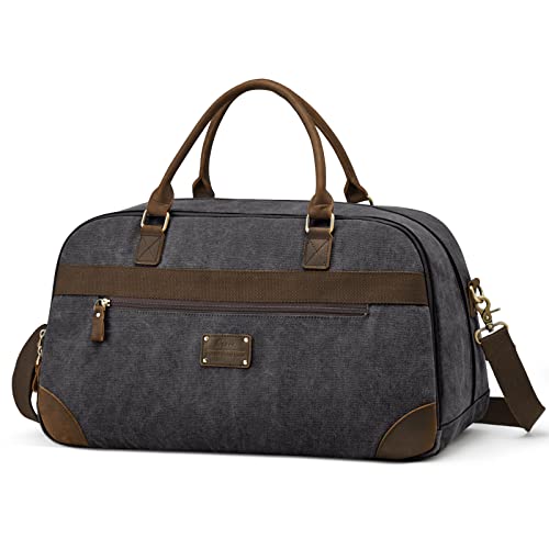 S-ZONE Duffle Bags for Traveling Mens Canvas Weekender Overnight Shoulder Duffel Bag RFID Carryon Handbag Leather Trim