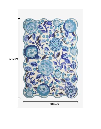 Image of FloorFusion 'Floral' Design Premium Rug Loop Cut High Low Pile Woolen Carpet for Living Room Bedroom Drawing Room Hall and Floor Size 6 x 8 feet (180x240 cm) Color Ivory & Blue Multi