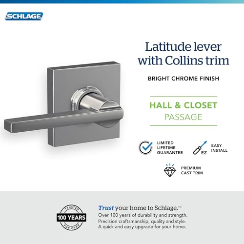 Image of Schlage Latitude Hall /Closet Passage Door Handle, Reversible, Bright Chrome | Hall or closet lever door handle with no lock, Easy to install, Certified durability, Universal fit