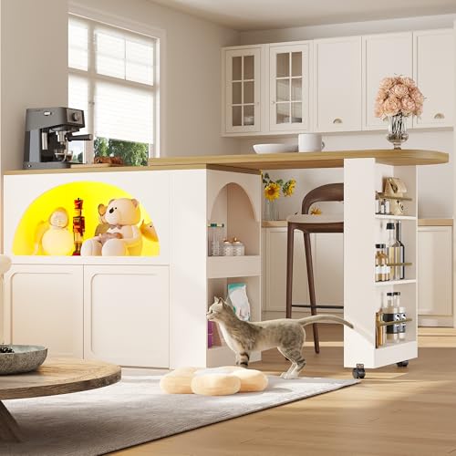 Raeln Isla de Cocina 135-205cm Mesa Bar Blanca Extensible Ruedas Freno Puertas Arco estantes Laterales Cierre amortiguado aparador Mueble Auxiliar Salon Cocina despacho