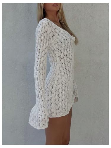 MakeMeChic Women's Bathing Suit Beach Cover Ups Long Sleeve Crochet Mini Dress2