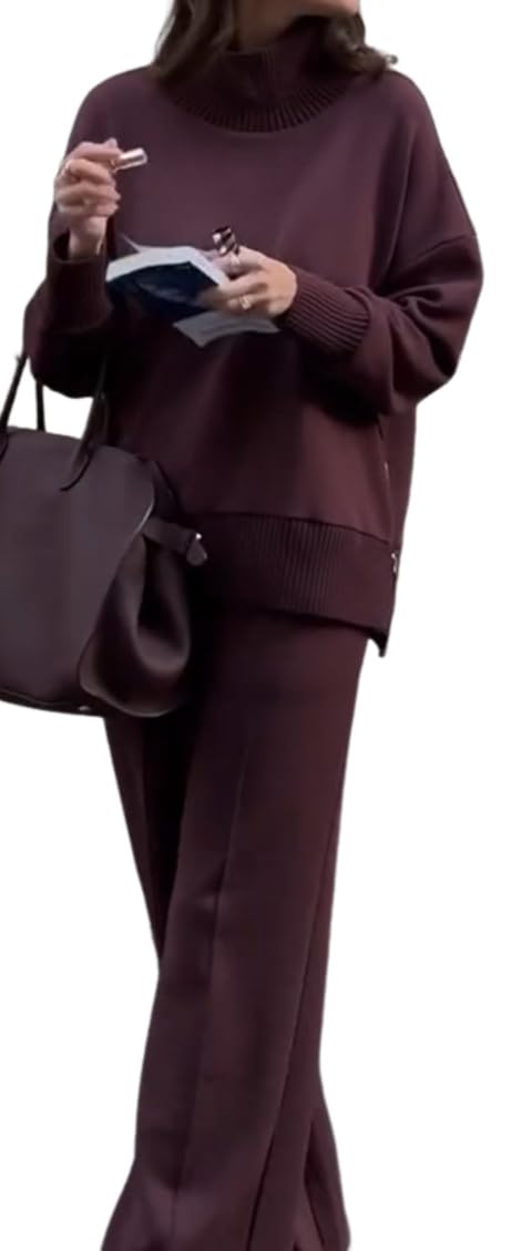 Lexamen High Neck Solid Color Knit Two Piece Sets for Women Sweatsuit Drawstring Pants Sets Outfits Fall Tracksuit