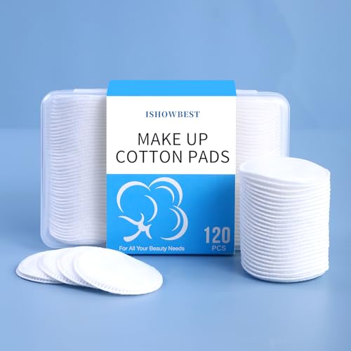 Round Cotton Pads for Face 120 Count, ISHOWBEST Boxed Makeup Remover Cotton Pad, 100% Pure & Natural Facial Cleansing Round Pads, Hypoallergenic, Lint-Free