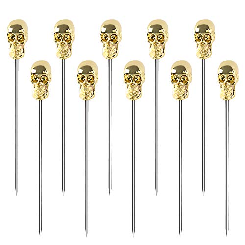 Xiboya textile Cocktail Picks Stainless Steel Fruit Drink Sticks Cocktail Pick Fruit Sticks Bar Tools Stirring Sticks Reusable Martini Picks (Skull Top, Gold)