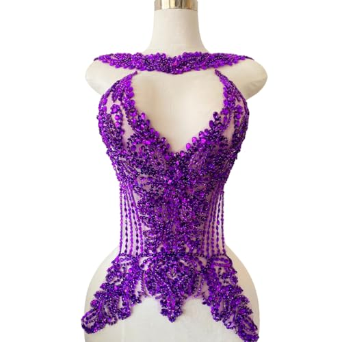 Large Size handsewing Rhinestones Bodice Applique sew on Crystal Beads Sequins Trim Patches Wedding Dress Decoration Accessories 13X16X22in (Purple) by PLune - Used condition - US$20.09