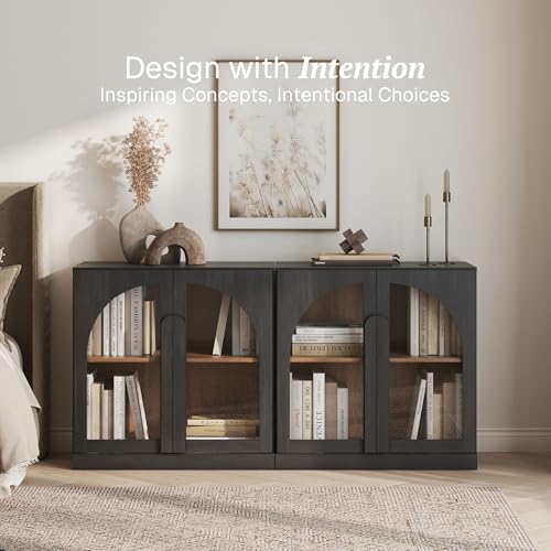 Image of BELLEZE Set of 2 Modern Sideboard Buffet Cabinets (63 inch Wide) - Large Kitchen Credenza with 4 Arched Glass Doors - Seamless Storage Console for Living Room - Ebony