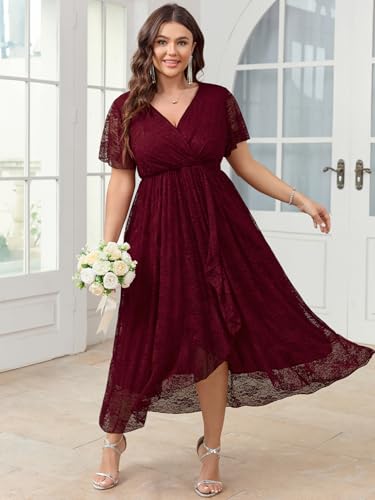 Image of SCOMCHIC Womens Plus Size Wedding Guest Dress Formal Lace Wrap V Neck High Low Short Sleeve Cocktail Maxi Dresses XL-4XL