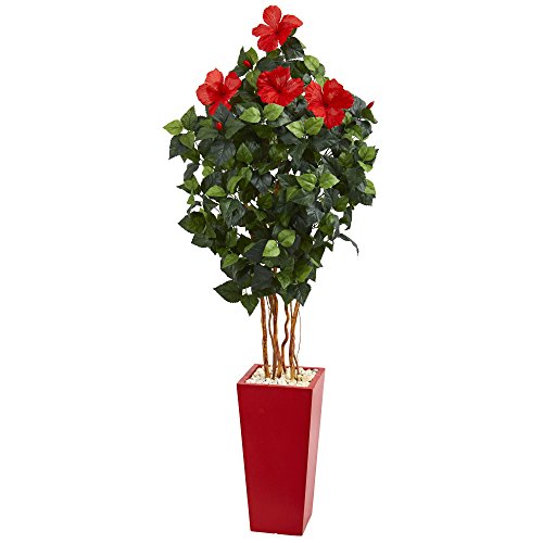 Nearly Natural 5781 Hibiscus Artificial Tree In Red Tower Planter, 5.5' #TOP16