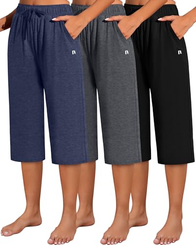 Neer 3 Pack Women's Capri Pants, Cotton Wide Leg Basic Sweatpants Lounge Loose Fit Casual Drawstring Yoga Capris with Pockets