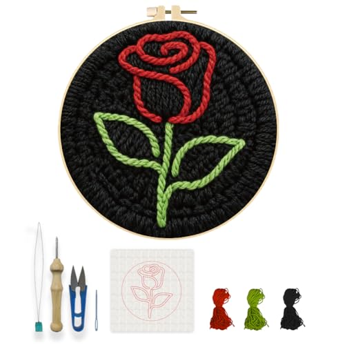 Kit aiguilles à poinçonner cadeau créatif adulte motif de rose avec cerceau
