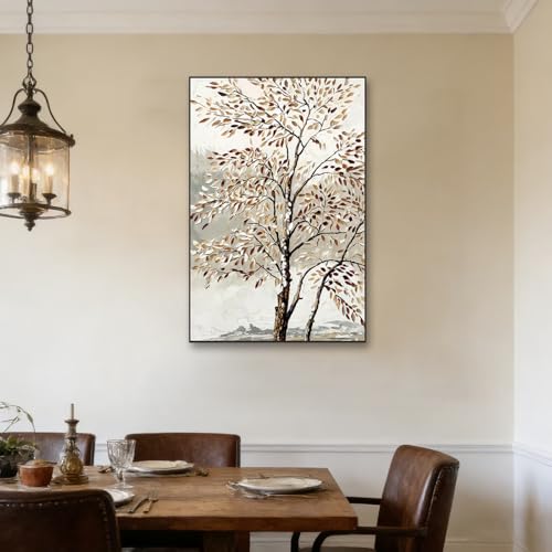 Image of Framed Abstract Tree Wall Art, 24 x 36 Inch Modern Birch Landscape Canvas Print, Neutral Beige Brown Painting Decor for Living Room Bedroom Office