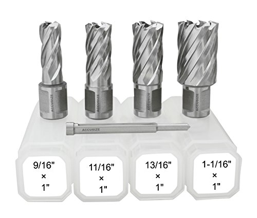 Accusize Industrial Tools 4 Pc 9/16'' - 1-1/16'' H.S.S. Annular Cutter Set, Cutting Depth: 1'', with 4 Pc of Pilot Pin, A01