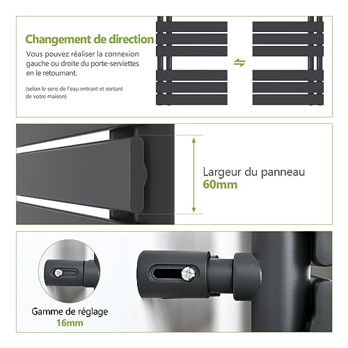 s'afielina sèche serviettes radiateur panneau 1320x400mm sèche serviettes connexion latérale 598w radiateur de salle de bain connexion gauche et droite (anthracite)