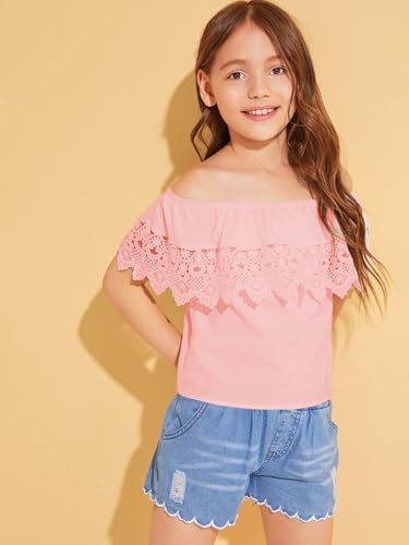 Image of WDIRARA Girl's Folklorico Shirt Off Shoulder Ruffle Trim Lace Blouse Tops | Short Sleeve, Mexican Blouse, Dressy Peasant Tee, Casual