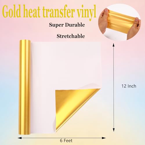 Image of Gold Heat Transfer Vinyl Gold Iron HTV Vinyl Rolls Pack 12 Inch x 6 Feet Iron on Vinyl for Cricut T-Shirts DIY Design, Silhouette Cameo & Heat Press Machine